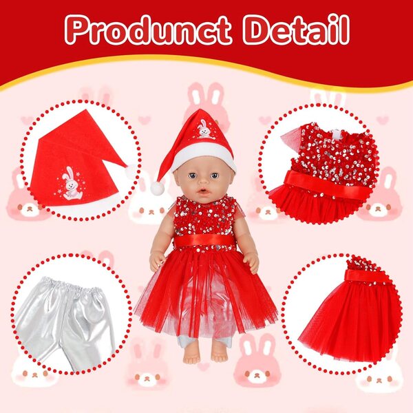 Weihnachtskleid-Set für Puppe 30–45 cm mit Rock, Leggings, Mütze und Socken