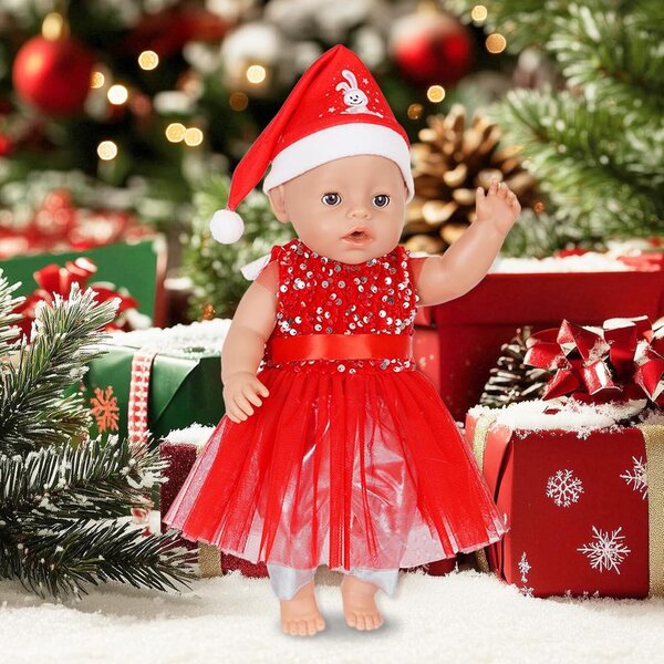 Weihnachtskleid-Set für Puppe 30–45 cm mit Rock, Leggings, Mütze und Socken