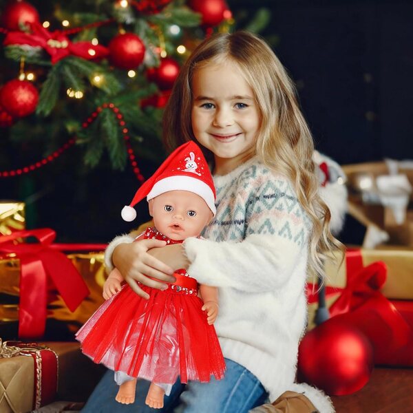 Weihnachtskleid-Set für Puppe 30–45 cm mit Rock, Leggings, Mütze und Socken