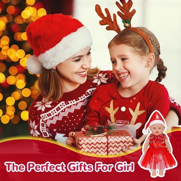 Weihnachtskleid-Set für Puppe 30–45 cm mit Rock, Leggings, Mütze und Socken