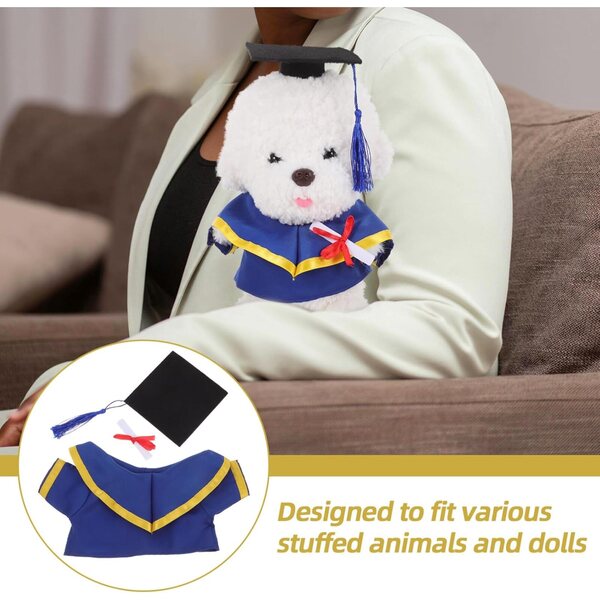 Abschlusskostüm für Puppen-Teddybär 30 cm mit gelbem Hut und Miniatur-Zertifikat
