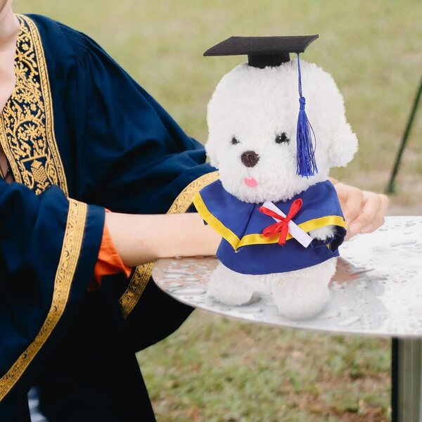 Abschlusskostüm für Puppen-Teddybär 30 cm mit gelbem Hut und Miniatur-Zertifikat