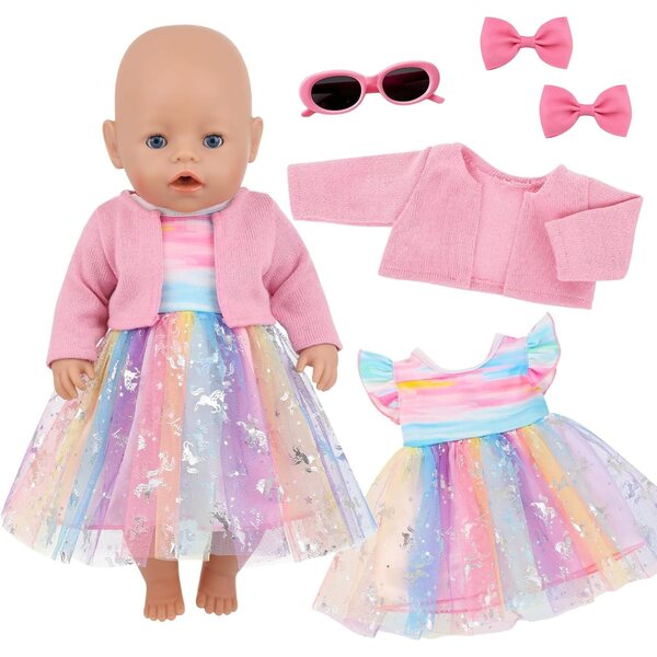 Set mit 5 Kleidungsstücken für Puppen von 35–43 cm mit rosa Tüllrock und stilvollen Accessoires