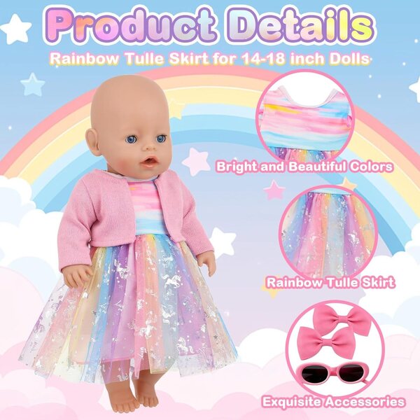 Set mit 5 Kleidungsstücken für Puppen von 35–43 cm mit rosa Tüllrock und stilvollen Accessoires