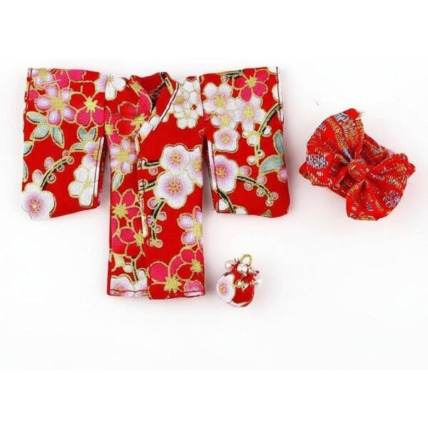 Kimono Tradizionale Giapponese per Bambole OB11 e BJD 1/12 - Rosso Floreale con Accessori