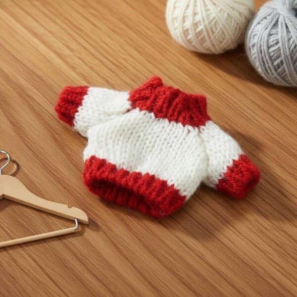Gestrickter Minipullover für Puppen und Stofftiere aus weicher Wolle, Grau, Blau und Weiß