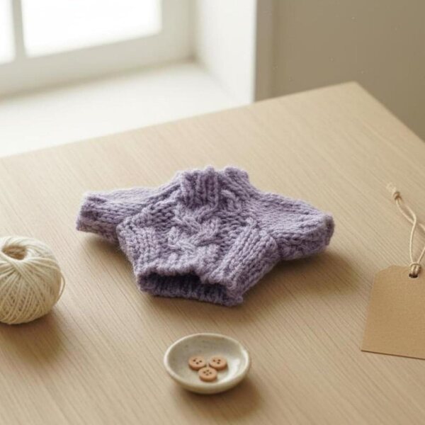 Gestrickter Minipullover für Puppen und Stofftiere aus weicher Wolle, Grau, Blau und Weiß