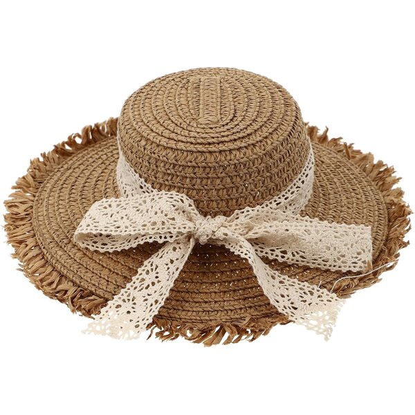 Cappello di paglia per bambola kaki con fiocco in pizzo, accessorio decorativo flessibile