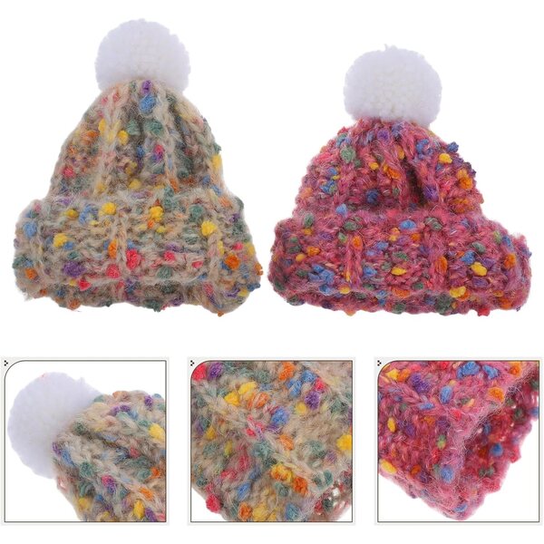 Set 2 Mini Bonnet in Lana Duvetata per Bambole e Peluche, Accessorio Inverno Creativo