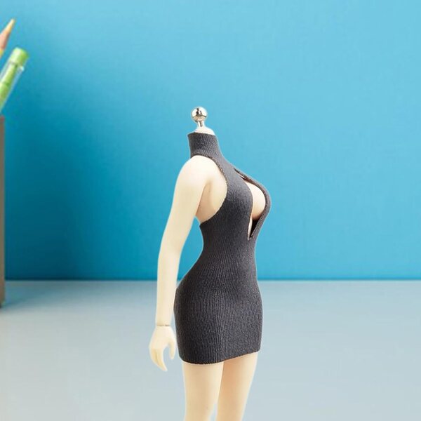 Gelenkige Frauenfigur, 15 cm, 1:12, mit grauem Miniatur-Moulant-Kleid