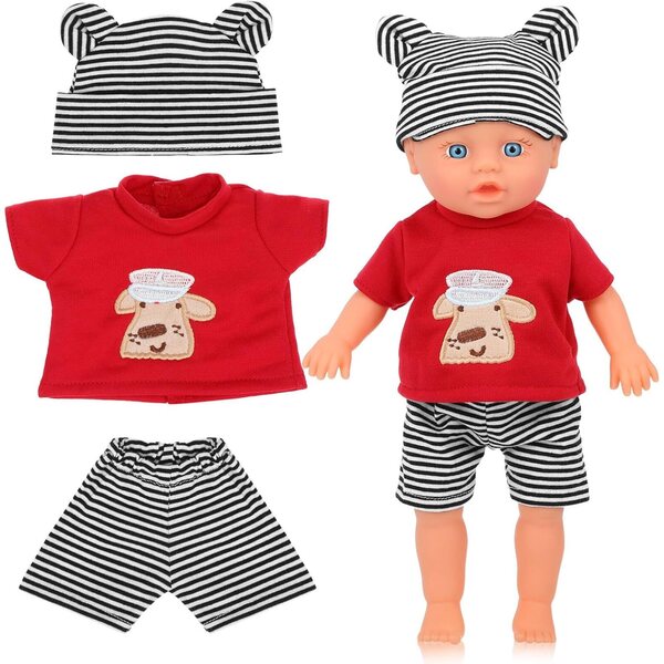 Kleidungsset für 10-Zoll-Puppe mit schwarz-rot gestreiftem Hut und Hose