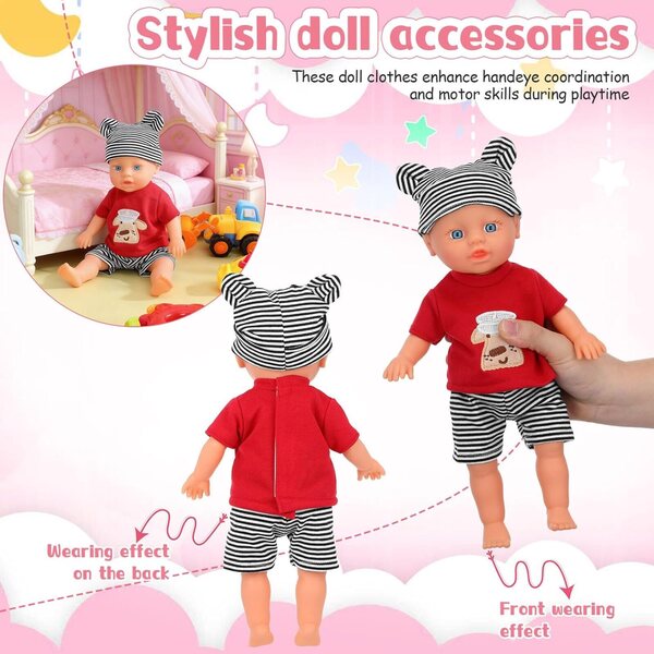 Kleidungsset für 10-Zoll-Puppe mit schwarz-rot gestreiftem Hut und Hose