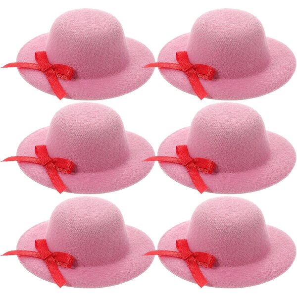Set di 6 Mini Cappelli Rosa in Tessuto Leggero con Fiocco per Bambole e Decorazioni