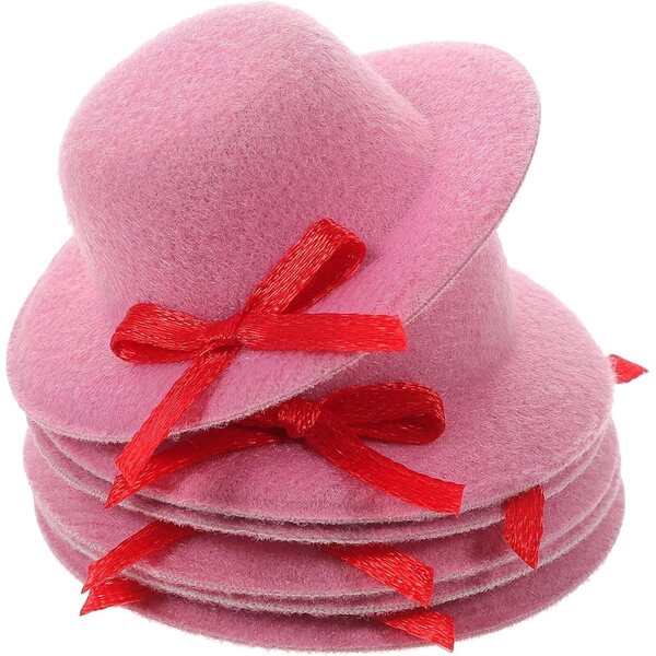Set 6 Mini Cappelli Rosa per Bambole con Fiocco, Accessori Artigianali Decorativi