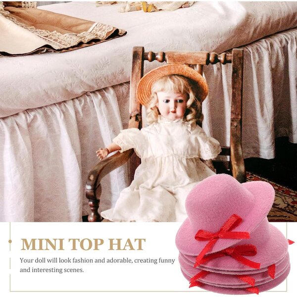 Set 6 Mini Cappelli Rosa per Bambole con Fiocco, Accessori Artigianali Decorativi