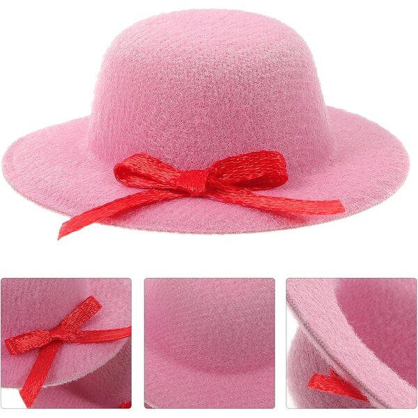 Set 6 Mini Cappelli Rosa per Bambole con Fiocco, Accessori Artigianali Decorativi