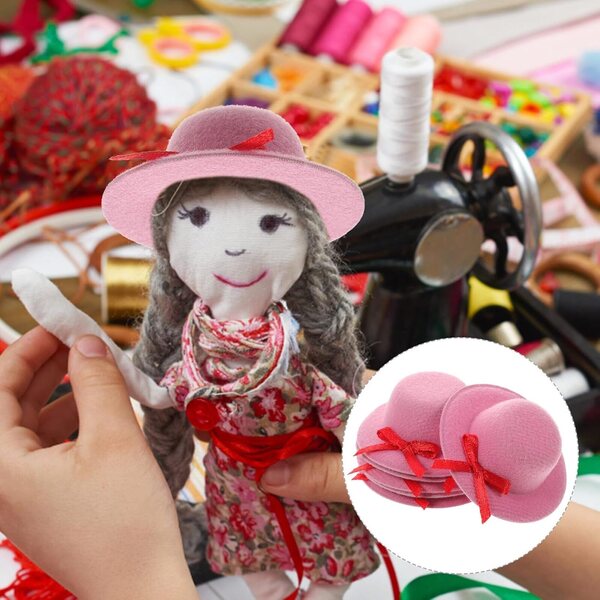 Set 6 Mini Cappelli Rosa per Bambole con Fiocco, Accessori Artigianali Decorativi