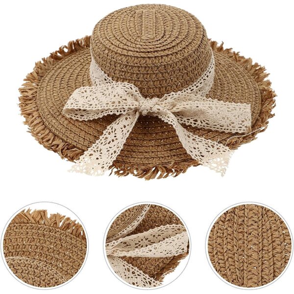Cappello di paglia kaki con fiocco in pizzo Accessori per bambole leggeri ed eleganti
