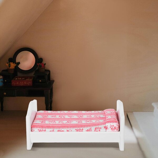 Miniatur-Bett mit roten und weißen Streifen für das Puppenhaus – tragbares und dekoratives Accessoire