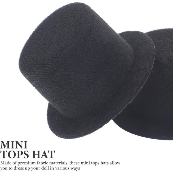 Set 2 Mini Cappelli a Cilindro Neri per Bambole in Tessuto Leggero 9 cm