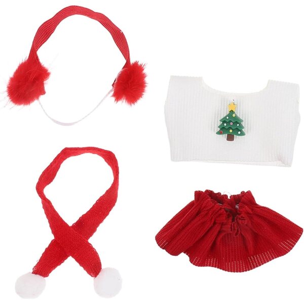 Set abbigliamento natalizio per bambole: maglione, sciarpa, gonna e paraorecchie