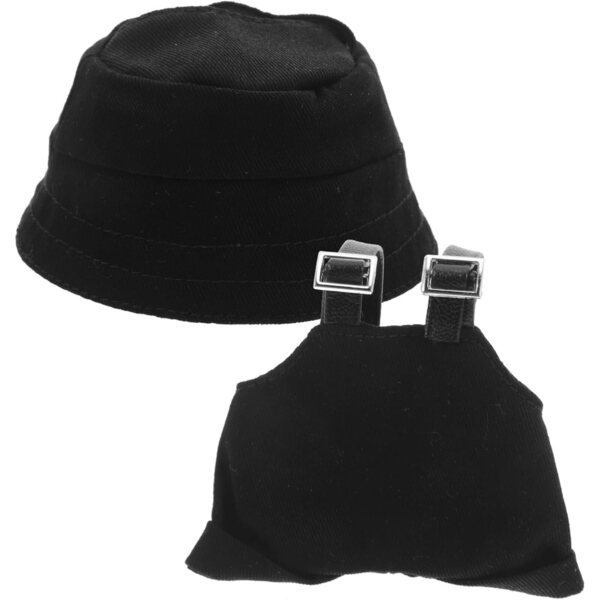 Puppen-Outfit mit schwarzem Overall und abnehmbarem Miniaturhut – Cosplay-Zubehör
