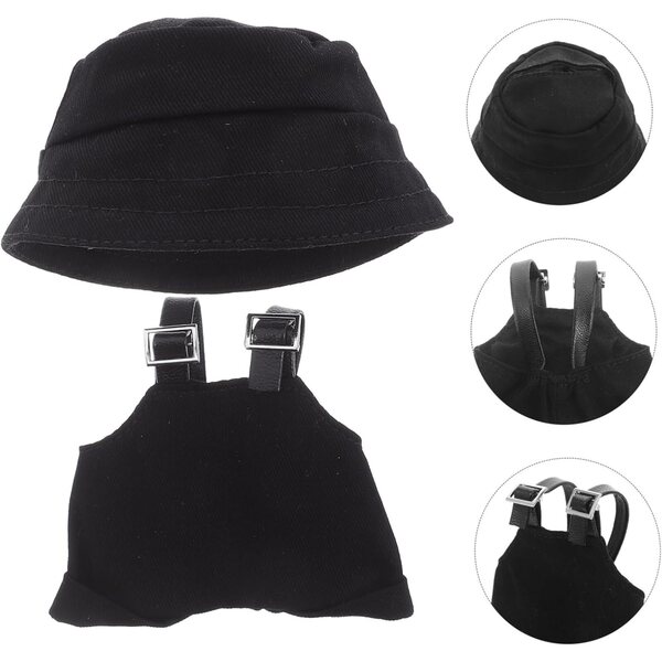 Puppen-Outfit mit schwarzem Overall und abnehmbarem Miniaturhut – Cosplay-Zubehör