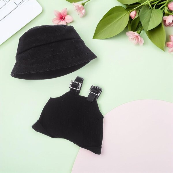 Set Salopette e Cappello Nero per Bambole – Accessori Miniature per Giochi Creativi