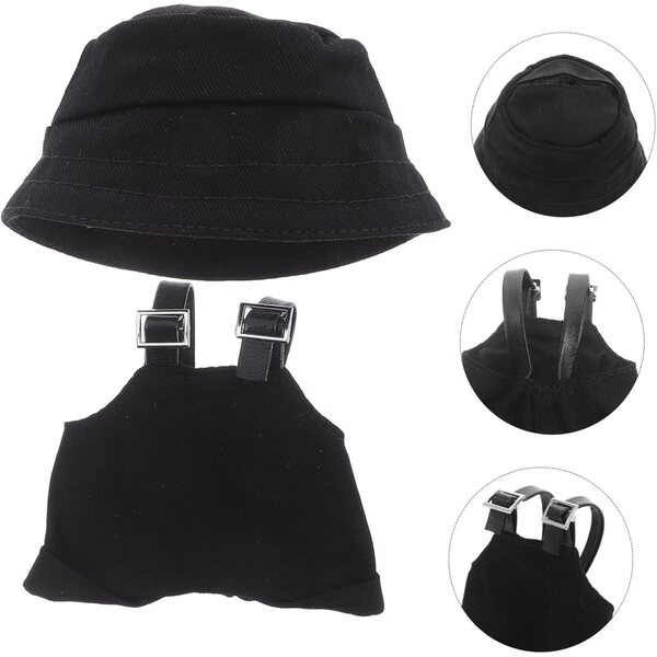 Puppenkleidungsset mit schwarzer Latzhose und abnehmbarem Fischerhut