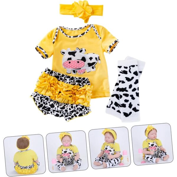 Tenuta Neonato Reborn in Cotone Costume Vacca Giallo con Pantaloni e Accessori