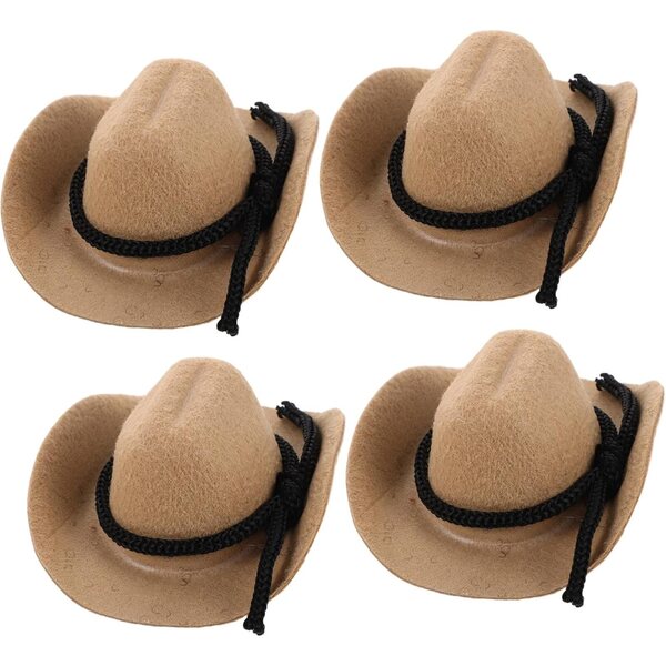 Set 4 Mini Cappelli Cowboy Beige in Feltro per Bambole, Accessori Western Creativi