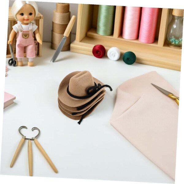 Set 4 Mini Cappelli Cowboy Beige in Feltro per Bambole, Accessori Western Creativi