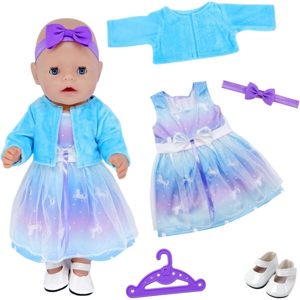 Bekleidungsset für 35-43 cm große WanderGo-Puppen 5-teilig mit blau-violettem Kleid