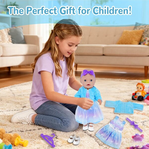 Bekleidungsset für 35-43 cm große WanderGo-Puppen 5-teilig mit blau-violettem Kleid