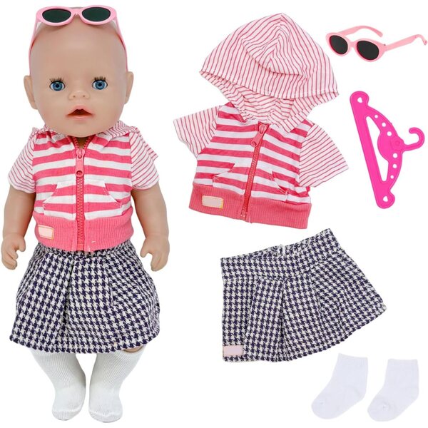 5-teiliges Kleidungsset für 35-45 cm große Puppen mit Jacke, Rock, Brille und Accessoires