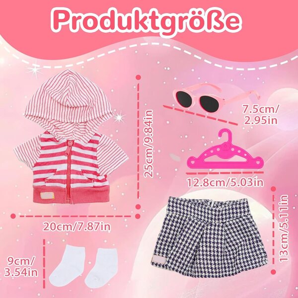 5-teiliges Kleidungsset für 35-45 cm große Puppen mit Jacke, Rock, Brille und Accessoires