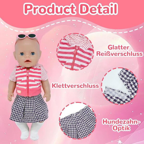5-teiliges Kleidungsset für 35-45 cm große Puppen mit Jacke, Rock, Brille und Accessoires