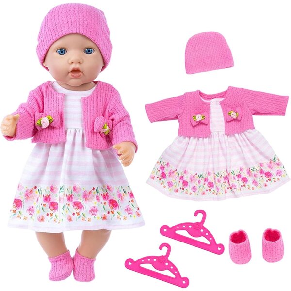WanderGo Kleidungsset für Puppen 35–43 cm mit Strickjacke, Kleid, Mütze und Gürtel