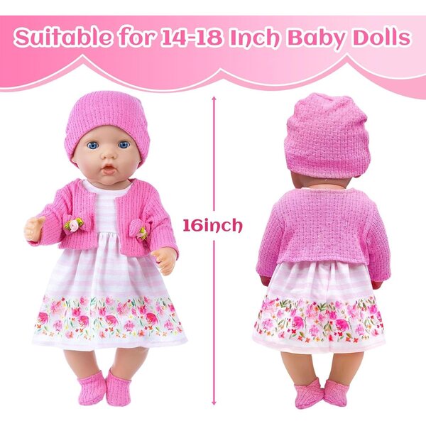 WanderGo Kleidungsset für Puppen 35–43 cm mit Strickjacke, Kleid, Mütze und Gürtel