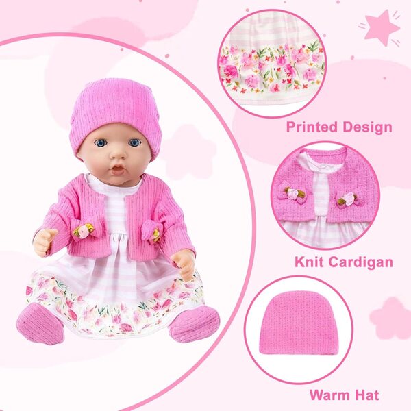 WanderGo Kleidungsset für Puppen 35–43 cm mit Strickjacke, Kleid, Mütze und Gürtel