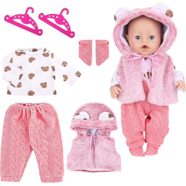 WanderGo Puppenkleidung 35-43 cm, 6-teiliges rosa Set mit Bär und Kleiderbügeln