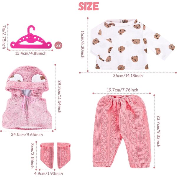 WanderGo Puppenkleidung 35-43 cm, 6-teiliges rosa Set mit Bär und Kleiderbügeln