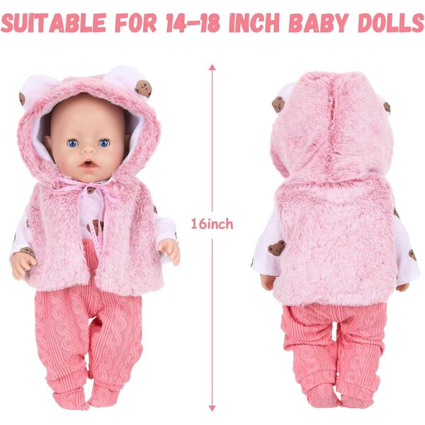 WanderGo Puppenkleidung 35-43 cm, 6-teiliges rosa Set mit Bär und Kleiderbügeln