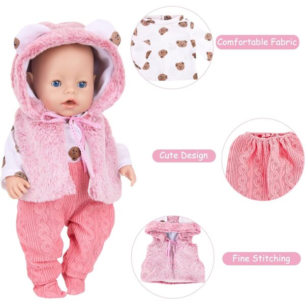 WanderGo Puppenkleidung 35-43 cm, 6-teiliges rosa Set mit Bär und Kleiderbügeln