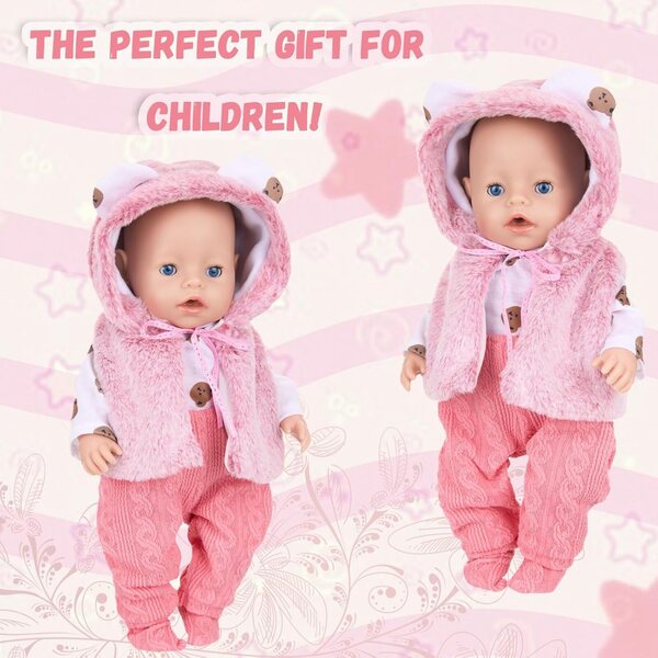 WanderGo Puppenkleidung 35-43 cm, 6-teiliges rosa Set mit Bär und Kleiderbügeln