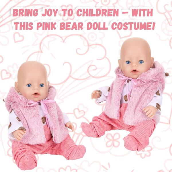WanderGo Puppenkleidung 35-43 cm, 6-teiliges rosa Set mit Bär und Kleiderbügeln