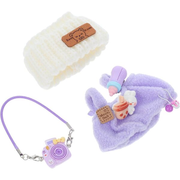 Set completo vestiti e accessori per bambole con peluche e mini fotocamera vintage