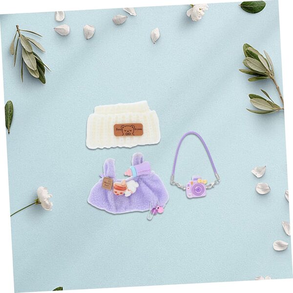 Set completo vestiti e accessori per bambole con peluche e mini fotocamera vintage