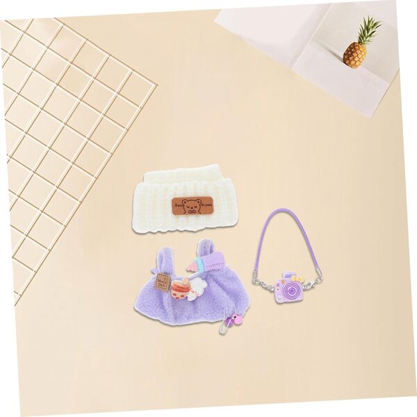 Set completo vestiti e accessori per bambole con peluche e mini fotocamera vintage
