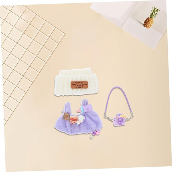 Set Vestiti per Bambola con Barboteuse Viola, Cappellino Orso Bianco e Accessori Peluche